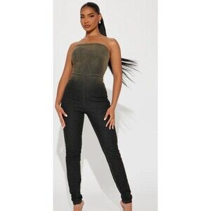 Fashion Nova Lian Denim Jumpsuit XL Tube Top Back Zip Up Slim Fit Rockstar Fest